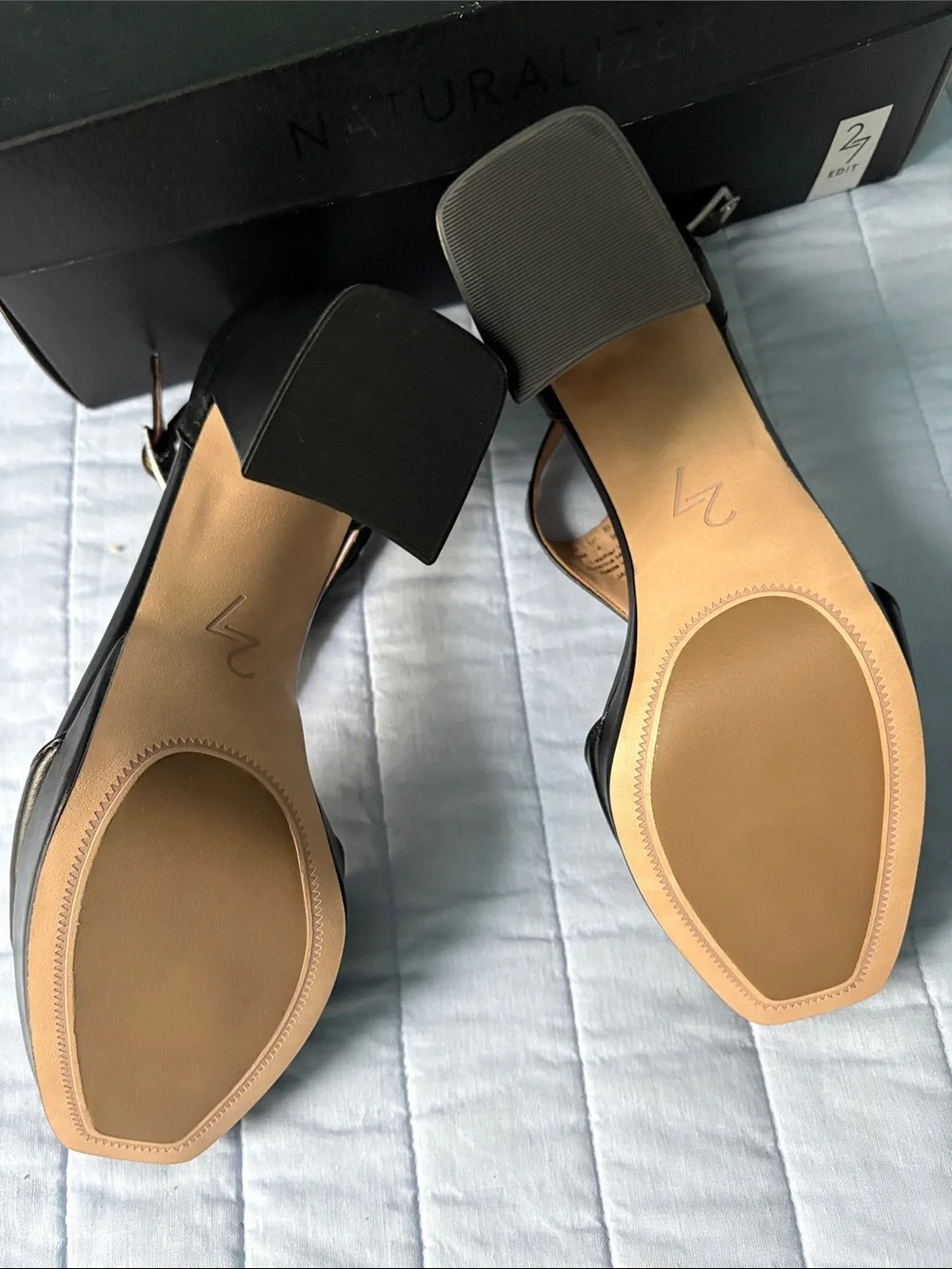 Naturalizer Black Leather Platform Sandals with Chunky Heel, 6.5
